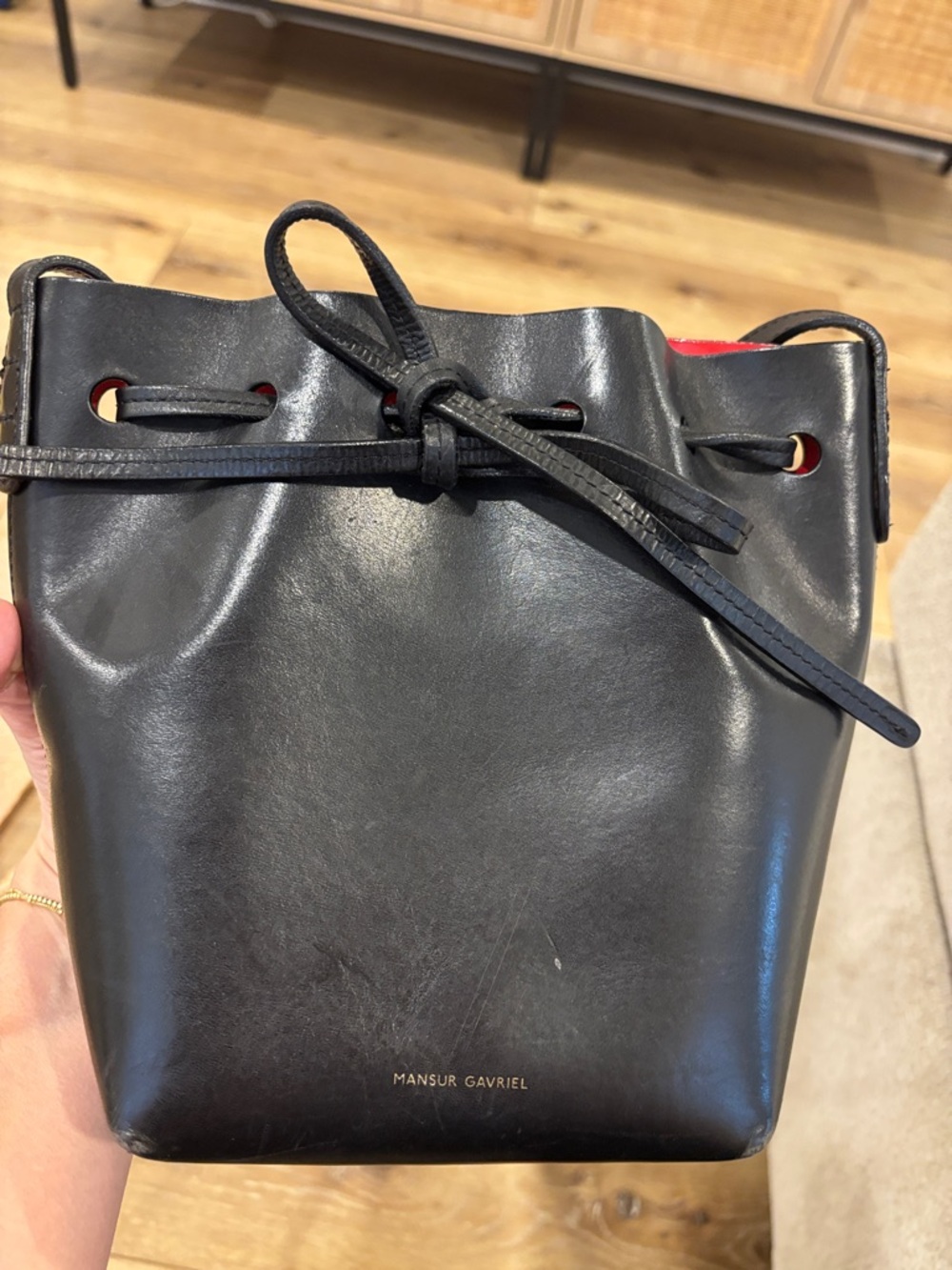 Mansur Gavriel Black Leather Mini Drawstring Bucket Bag with Red Lining